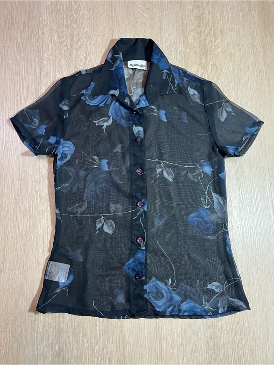 Dynamite Tops - Y2K Vintage Dynamite Black Floral Sheer Short-Sleeve Shirt Women’s Size Small